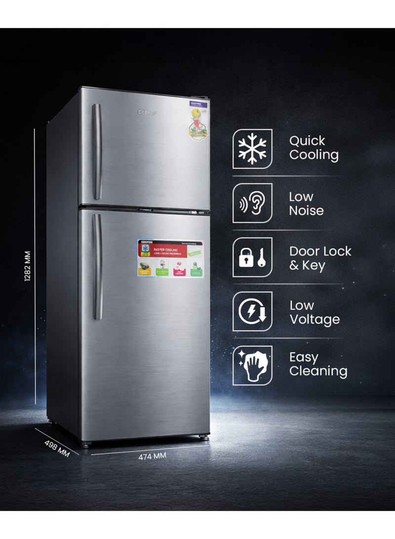 GEEPAS 200L Gross/138L Net Capacity, Direct Cool Double Door Defrost Refrigerator With Grip Handle| Silver Finish, Glass Shelves, Transparent Door Basket, Adjustable Front Wheel, Lock & Key, Low Noise, Quick Cooling, Low Voltage,Freezer- 40L capacity GRF2209SXE Silver - Image 2