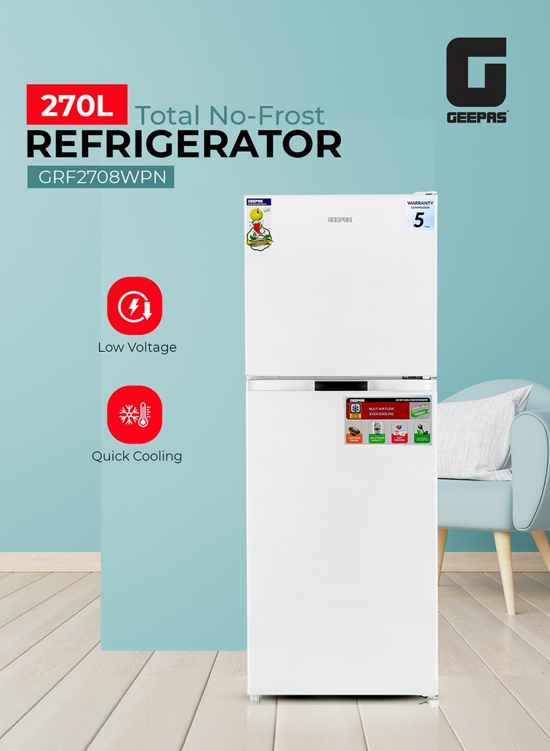 270L Gross/ 200L Net Capacity No Frost Double Door Refrigerator| With Multi Air Flow, Refrigerator Crisper Box, Big Vegetable Box, Grip Handle Glass Shelves, Chrome Bottle Handle & Chiller Shelves, Transparent Door Basket GRF2708WPN White