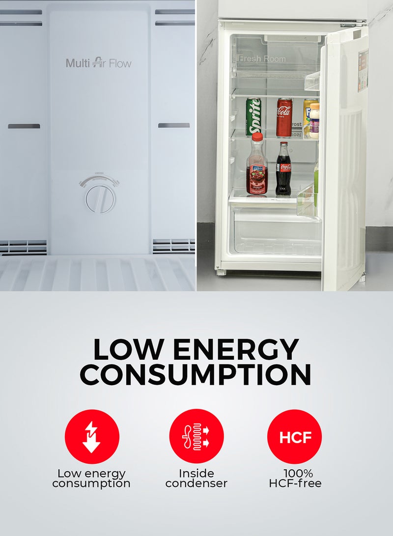 270L Gross/ 200L Net Capacity No Frost Double Door Refrigerator| With Multi Air Flow, Refrigerator Crisper Box, Big Vegetable Box, Grip Handle Glass Shelves, Chrome Bottle Handle & Chiller Shelves, Transparent Door Basket GRF2708WPN White