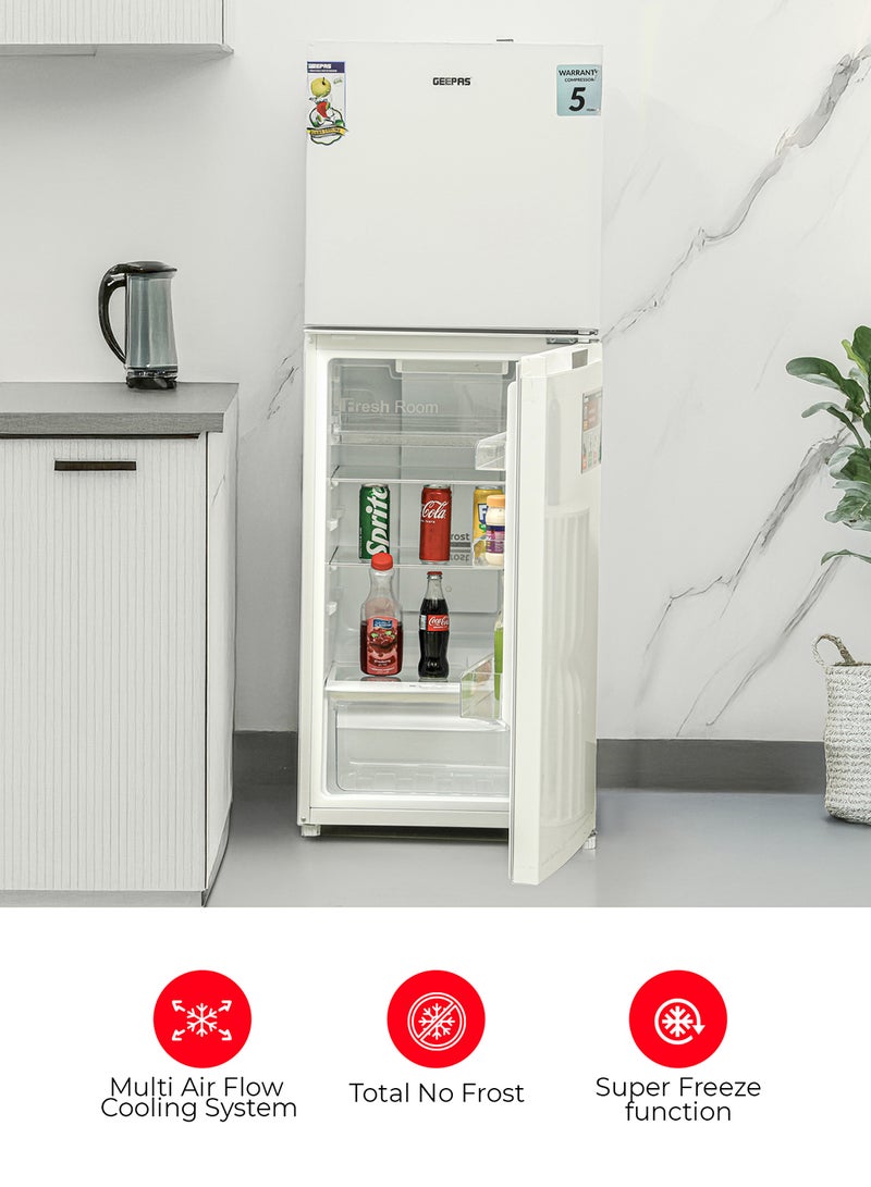 270L Gross/ 200L Net Capacity No Frost Double Door Refrigerator| With Multi Air Flow, Refrigerator Crisper Box, Big Vegetable Box, Grip Handle Glass Shelves, Chrome Bottle Handle & Chiller Shelves, Transparent Door Basket GRF2708WPN White