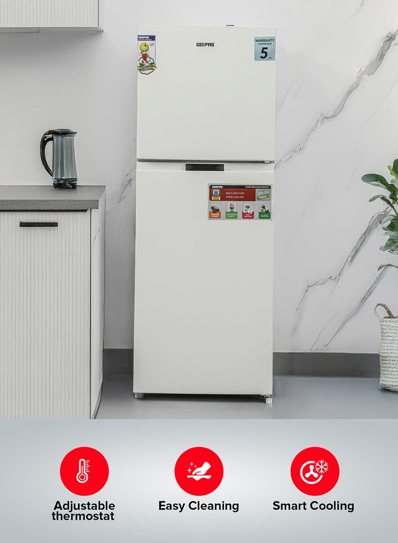 270L Gross/ 200L Net Capacity No Frost Double Door Refrigerator| With Multi Air Flow, Refrigerator Crisper Box, Big Vegetable Box, Grip Handle Glass Shelves, Chrome Bottle Handle & Chiller Shelves, Transparent Door Basket GRF2708WPN White