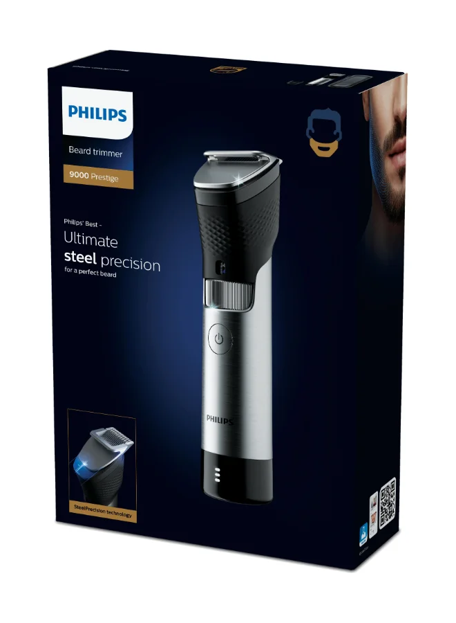 Philips Beard Trimmer BT9810,Ultimate Precision with Built-In Metal Comb,Self-Sharpening Steel Blades, 30 Length Settings,Steel Body, Battery Indicator,120min Cordless, Waterproof, Travel Case Black/Silver