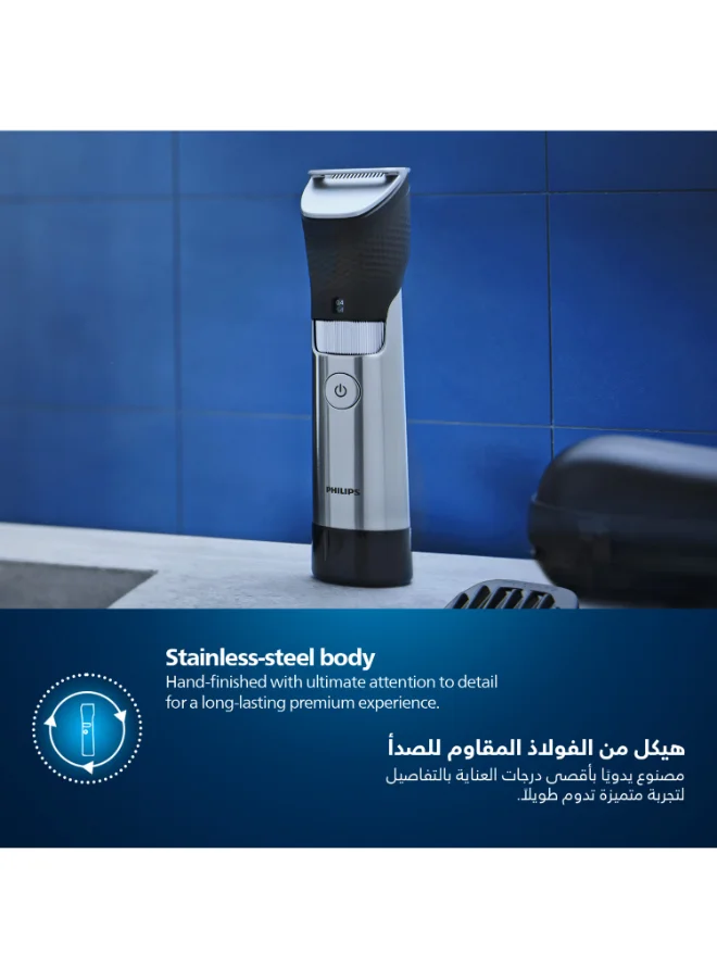 Philips Beard Trimmer BT9810,Ultimate Precision with Built-In Metal Comb,Self-Sharpening Steel Blades, 30 Length Settings,Steel Body, Battery Indicator,120min Cordless, Waterproof, Travel Case Black/Silver