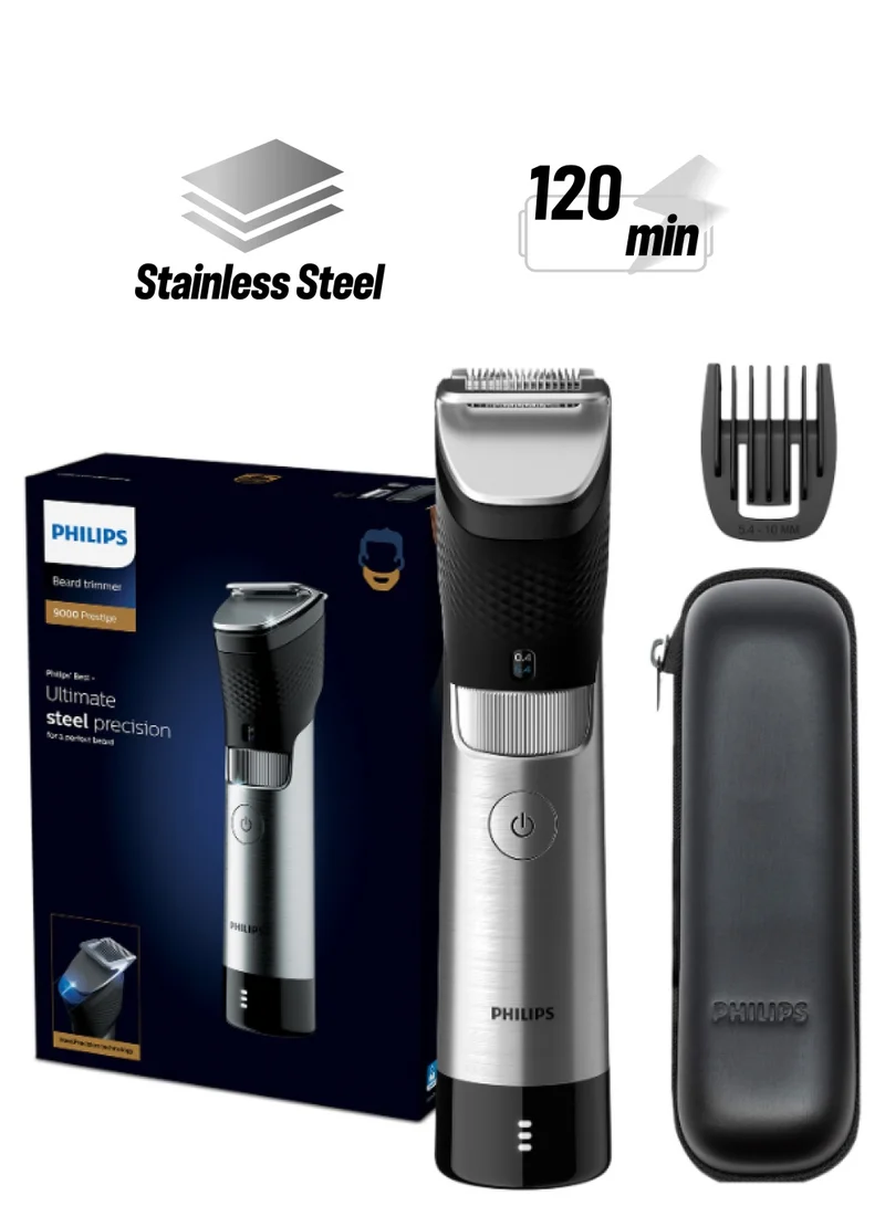 فيليبس Beard Trimmer BT9810 Ultimate Precision with Built-In Metal Comb Self-Sharpening Steel Blades, 30 Length Settings Steel Body, Battery Indicator 120min Cordless, Waterproof, Travel Case