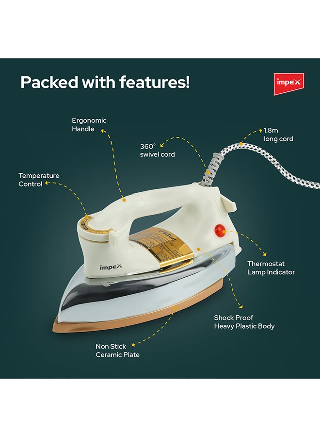 Impex - Automatic Dry Iron| Heavy Duty Iron Box With Temperature Settings Dial And Auto Shut Off Function| Super Deluxe Heavy Weight Iron Box, Suitable For All Kinds of Fabric| Equipped With Ceramic Coating 2 kg 1200 W IB 211 White/Beige/Silver - Image 1