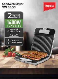 Impex Sandwich Maker 4 Slice with Cool-Touch Housing, Non-Stick Coating Plates, Compact Upright Storage, Skid-Resistant Feet, and Power/Ready Indicator Lights 1400 W SW 3603 White  - Image 2