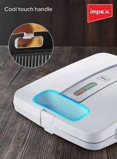 Impex Sandwich Maker 4 Slice with Cool-Touch Housing, Non-Stick Coating Plates, Compact Upright Storage, Skid-Resistant Feet, and Power/Ready Indicator Lights 1400 W SW 3603 White  - Image 5