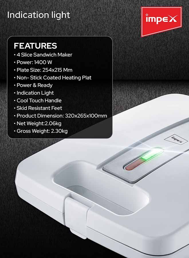 Impex - Sandwich Maker 4 Slice with Cool-Touch Housing, Non-Stick Coating Plates, Compact Upright Storage, Skid-Resistant Feet, and Power/Ready Indicator Lights 1400 W SW 3603 White - Image 1