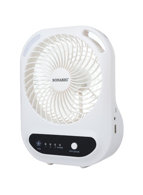 6 Inch Rechargeable Mini Fan With Led Light - 3 Speeds High/Medium/Low | Solar Charge & Power Bank Functions | Continuous Working Of 3 Hours(High), 6 Hours(Mid) & 14 Hours(Low) SRF-607NB Black/White
