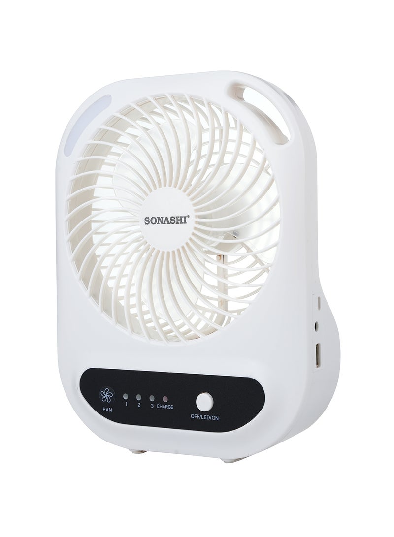 SONASHI - 6 Inch Rechargeable Mini Fan With Led Light - 3 Speeds High/Medium/Low | Solar Charge & Power Bank Functions | Continuous Working Of 3 Hours(High), 6 Hours(Mid) & 14 Hours(Low) SRF-607NB Black/White - Image 1