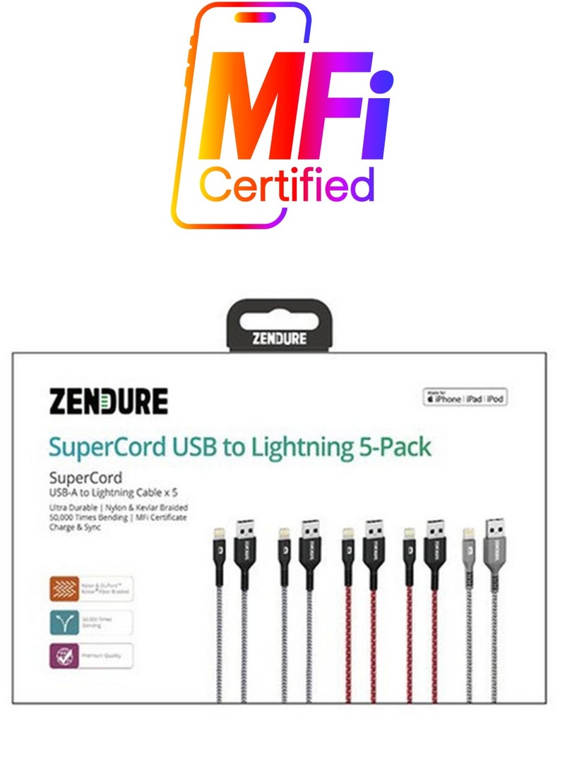 ZENDURE - Pack Of 5 SuperCord USB To Lightning Cable Multicolour - Image 1