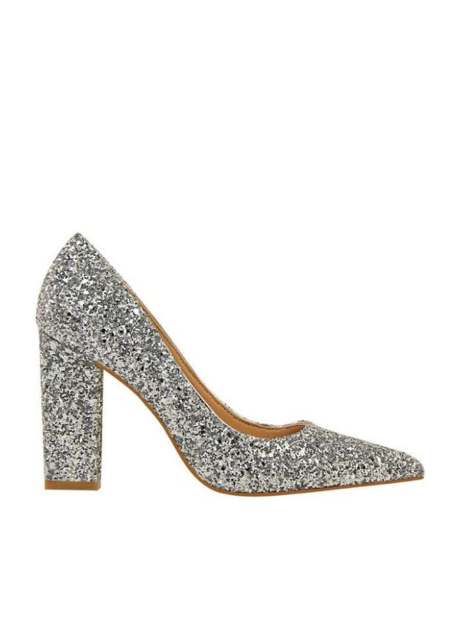 Sequin Embellished Pointed Toe Stacked Heel Pumps Silver - Image 1