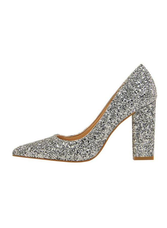 Sequin Embellished Pointed Toe Stacked Heel Pumps Silver - Image 2