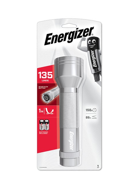 Energizer LED Metal Torch with 2 D Alkaline Batteries Grey 25cm
