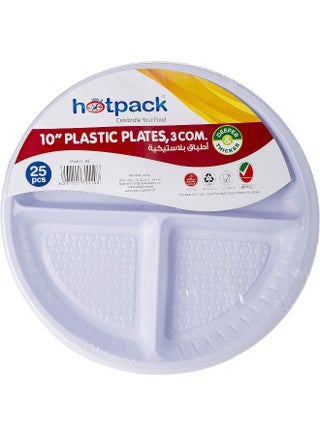 Hotpack Disposable Plastic Round Plate White 10 inch, 3 Compartment 25 Pieces White 10inch - view 4