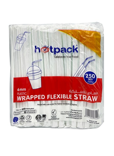 Hotpack Disposable Wrapped Plastic Drinking Straws - 6mm, 250 Pcs (Straww) White 6mm