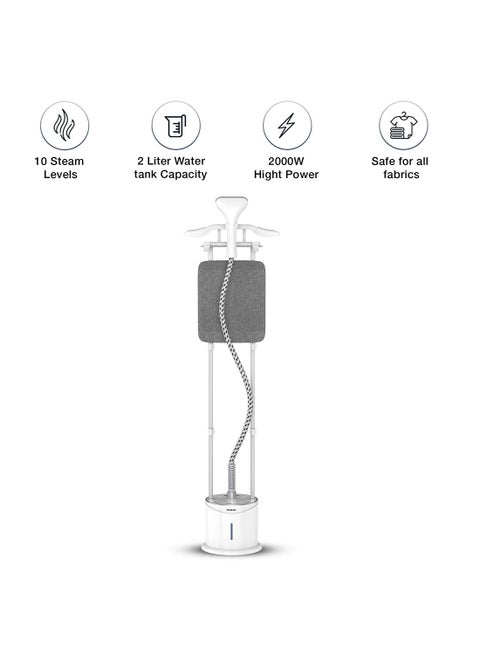 Garment Steamer , 10 Steam Levels, 55 Min Continues Steam, 2-In-1 Double Aluminium Extendable Poles And Ironing Board, Thermostat Protection, Suit Hanger, 45 Sec Preheat 2 L 2000 W NGS892AB Silver/Grey