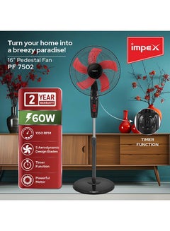 Impex 16" Pedestal Fan  - Three-Speed Selection, Jerk-Free Oscillation, Adjustable Height, Soft Head Tilting Mechanism, Aerodynamic Design, , 5 AS Blades 60 W PF 7502 White  - Image 2