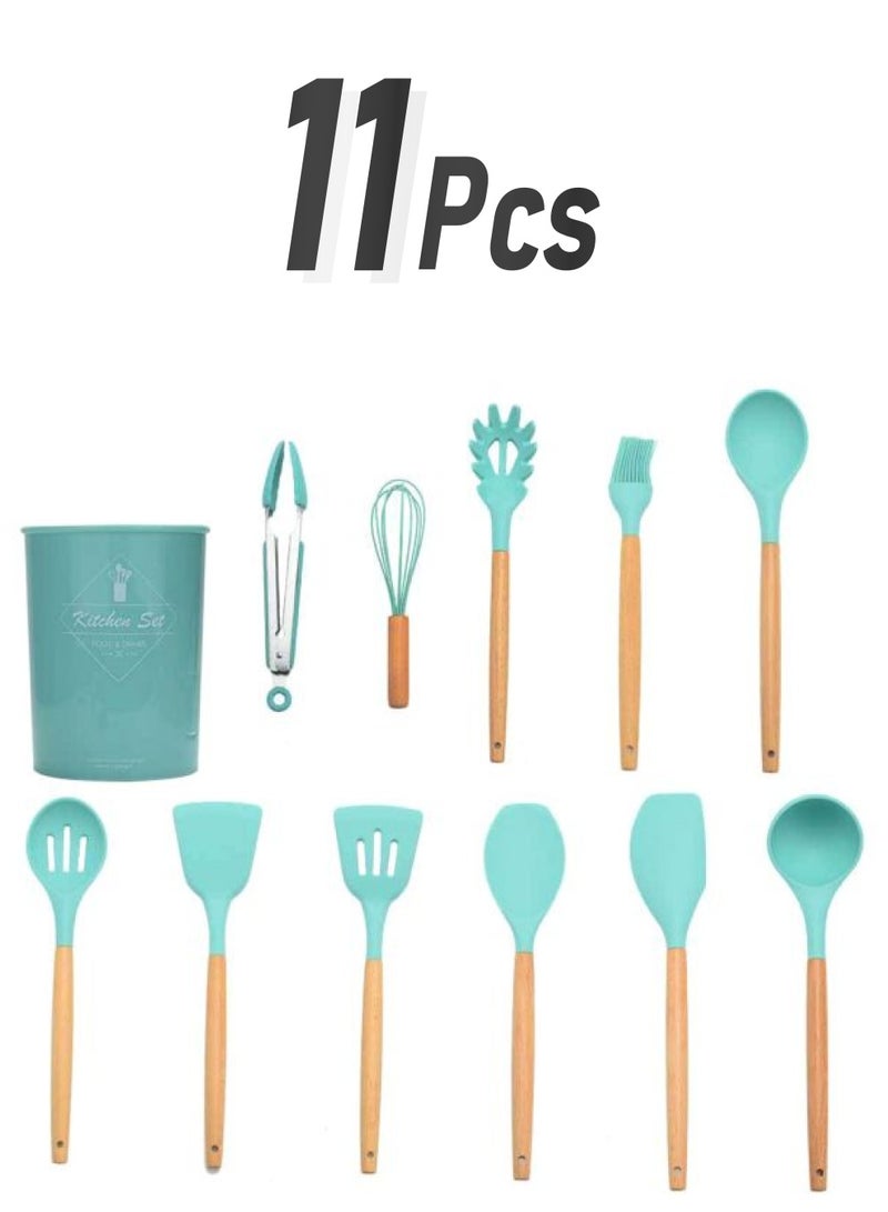 طقم أدوات طهي من السيليكون مكون من 11 قطعة أزرق مائي/ بني Spoon(32), Soup Ladle(32), Turner(32), Spoonula(32), Slotted Spoon(32), Slotted Scrapper(32), Slotted Turner(32), Pasta Server(31), Whisk(26), Basting Brush(27), Tong(27)سم  - Image 1