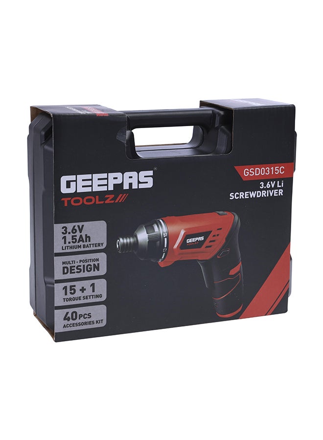 GEEPAS - Screwdriver, Lithium Battery, 210RPM| Rechargeable Screwdriver Kit with 40pcs Accessory, Clutch: 15+1 Torque Setting, Multi-Position Design,Charging time of 3hrs| Portable, Lightweight Red/Black - Image 1