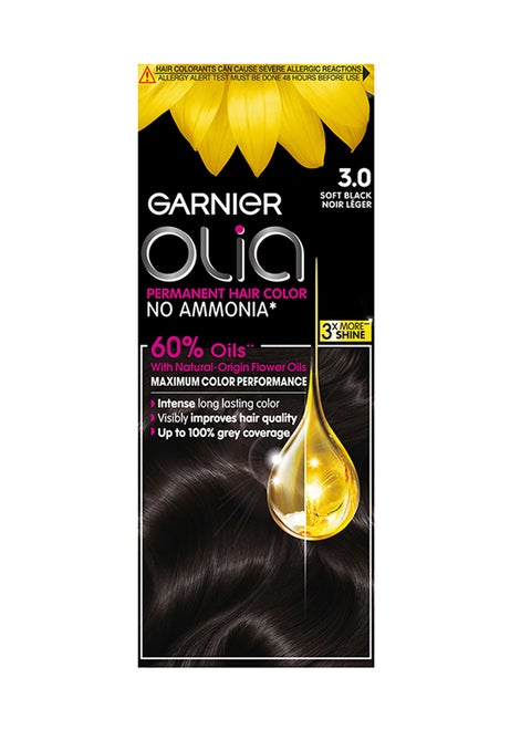 Olia, No Ammonia Permanent Hair Color With 60% Oils, 3.0 Soft Black