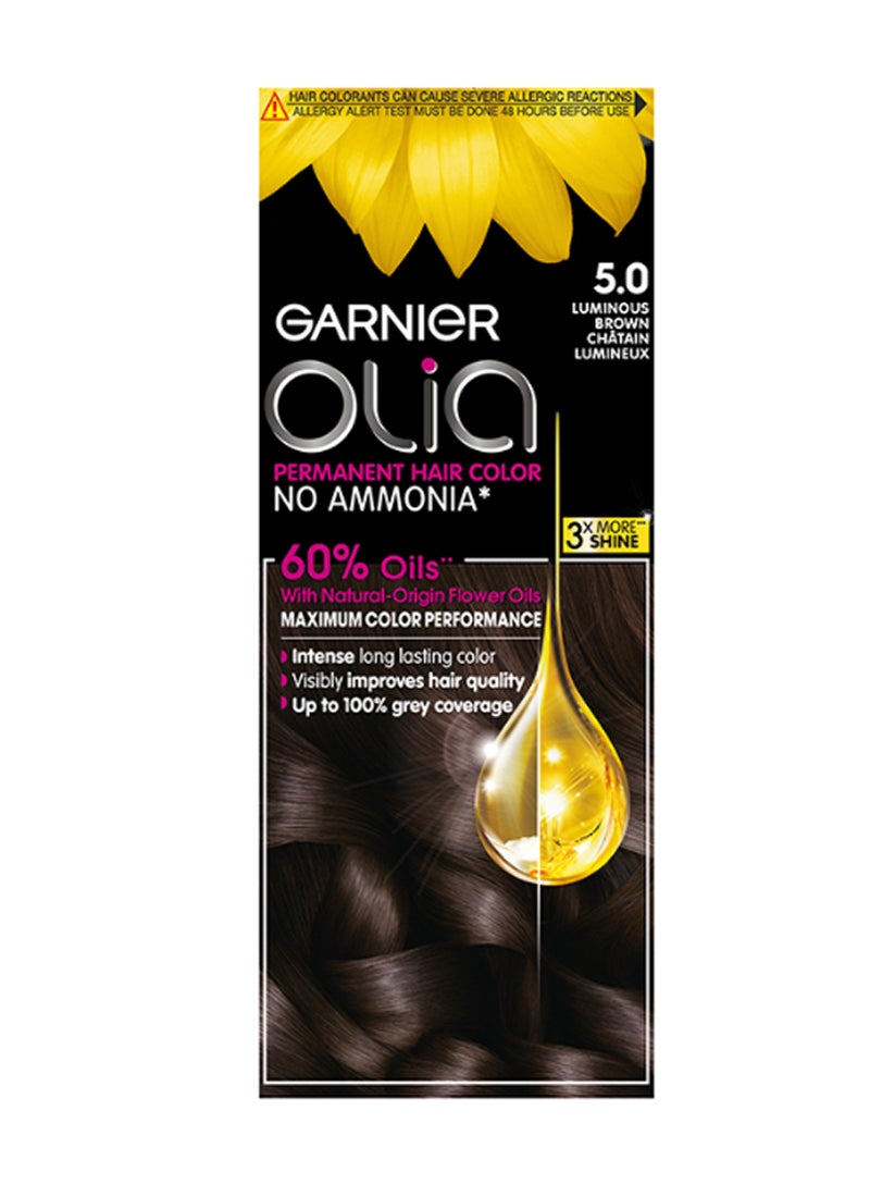 Garnier - Olia No Ammonia Permanent Haircolor 5.0 Luminous Brown - Image 1