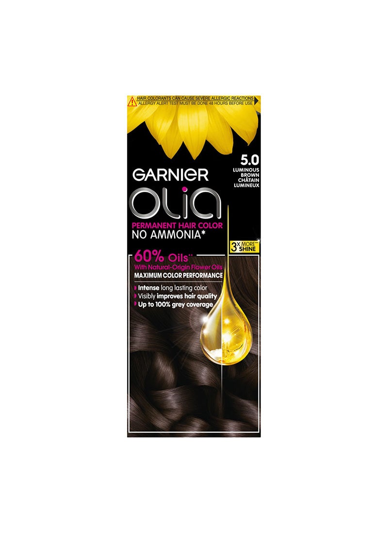 garnier Olia No Ammonia Permanent Haircolor 5.0 Luminous Brown - Image 1