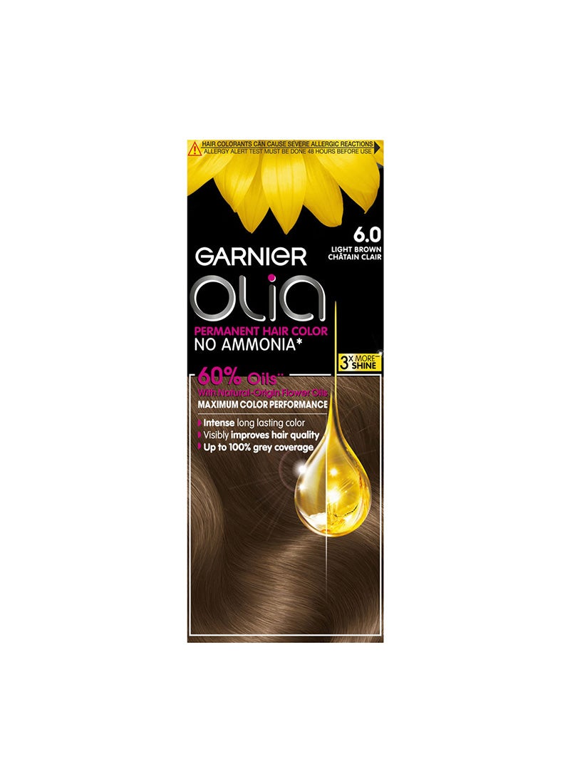 garnier Olia No Ammonia Permanent Haircolor Powered Color 6.0 Light Brown - Image 1