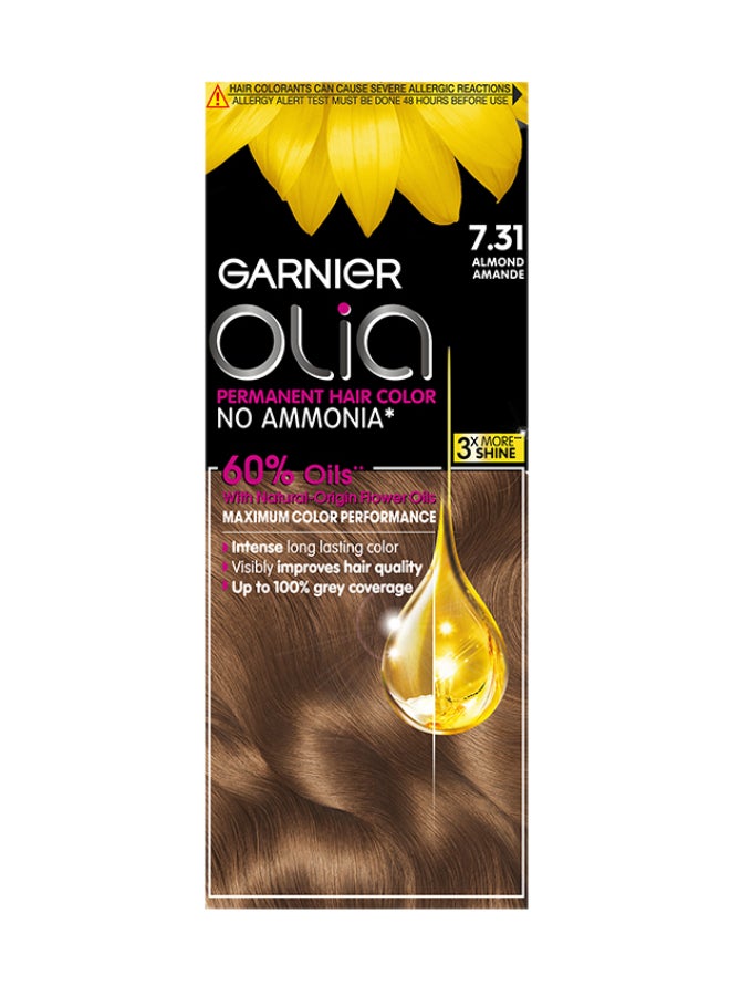 garnier Olia No Ammonia Permanent Brilliant Color 60% Oil-Rich Permanent Hair Color 7.31 Almond 50g 50g 12ml - Image 1