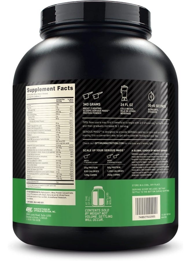 أوبتيموم نيوتريشن مسحوق سيريس ماس عالي البروتين والسعرات الحرارية  - 6 رطلات (بنكهة الشكولاتة) غني بالفيتامينات والمعادن - Image 2