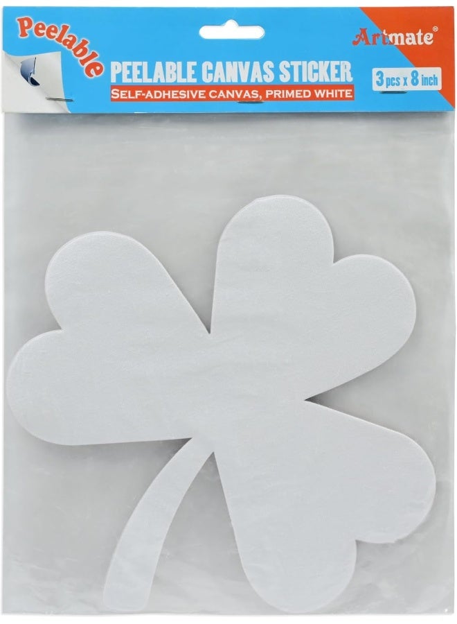ARTMATE Peelable Canvas Sticker Set - 3 Pieces, 8 Inch Clover Leaves Shape, Self-Adhesive, Primed White White - Image 1