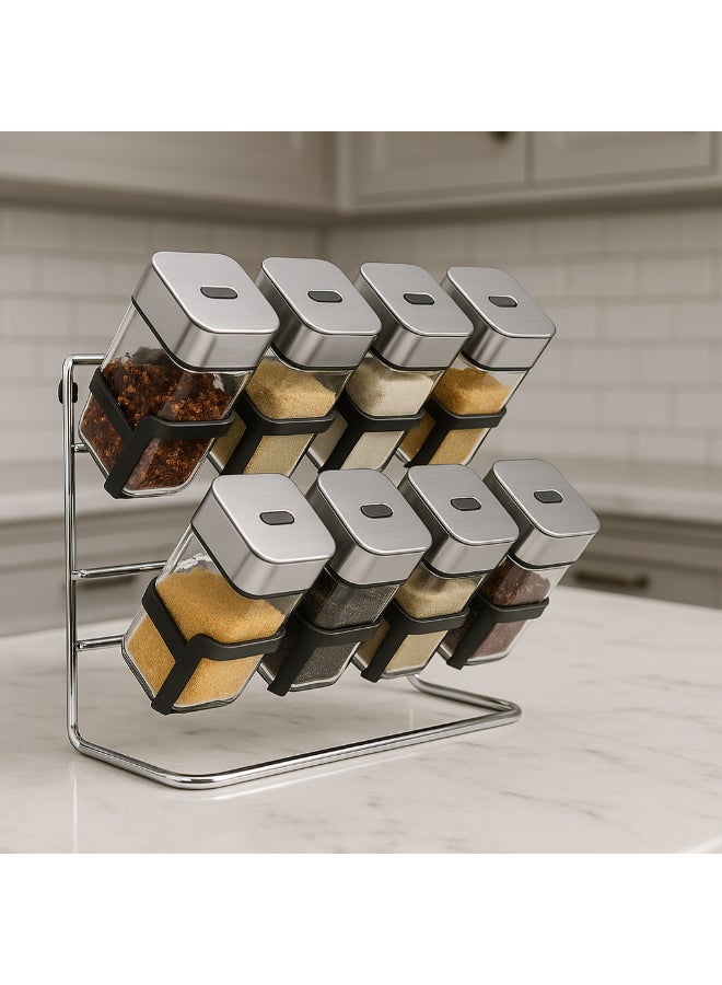 ALMUFARREJ 8-Piece Spice Bottle Set Clear/Silver 30 x 28 x 12cm 