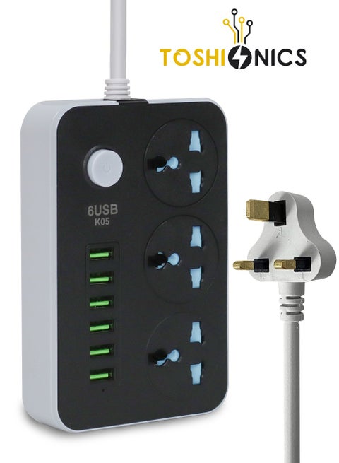 3 Way Power Strips Extension Cords | Adapter Extension 6 USB Charging Ports | 3 Universal Plugs Power Strip With 2 Metres Surge Protection Cable Extension Black/Grey (162x97x38mm) Black and Grey 162x97x38mm