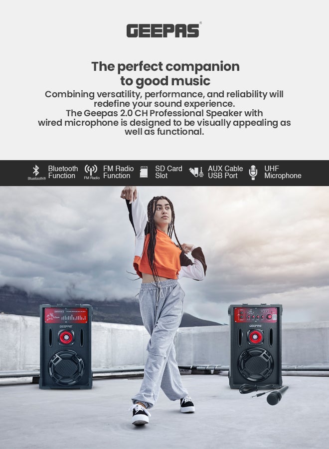 GEEPAS - 2.0-Channel Professional Speakers- 16000 PMPO | With Wired Mic | USB/SD Card, FM Radio | Ideal For Discos, Singing, Karaoke GMS8425BT Black GMS8425BT Black - Image 1