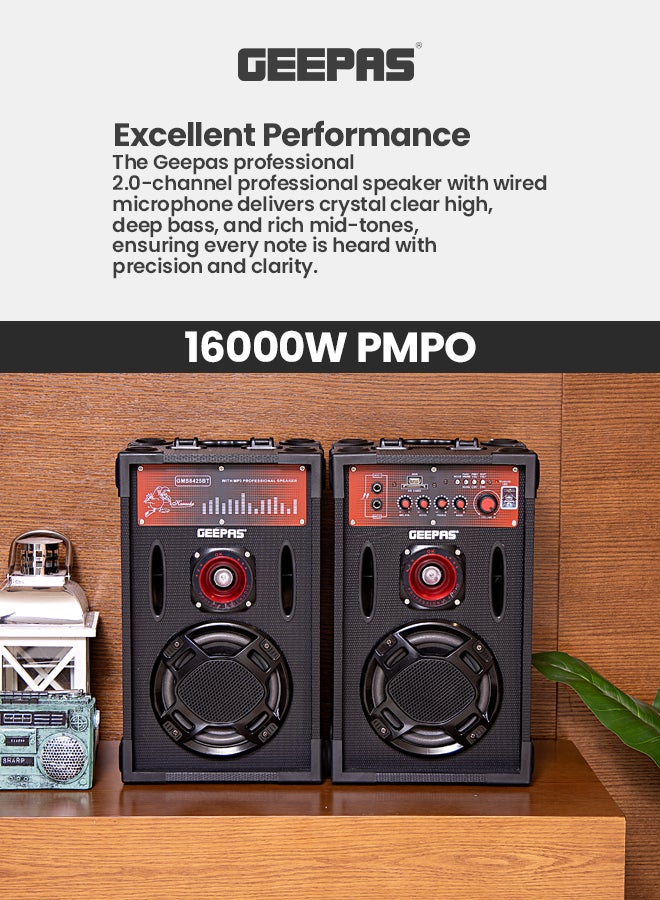 GEEPAS - 2.0-Channel Professional Speakers- 16000 PMPO | With Wired Mic | USB/SD Card, FM Radio | Ideal For Discos, Singing, Karaoke GMS8425BT Black GMS8425BT Black - Image 1