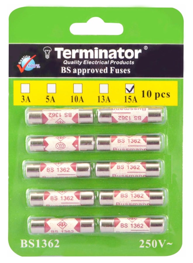 Terminator Porcelain Ceramic Fuse 10 Pcs Pkt, 6X25mm Fast Blow Ceramic Fuses (15A Pack Of 10Pcs) Silver 25mm