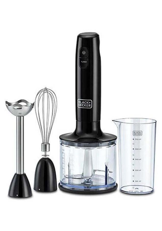 BLACK+DECKER Hand Blender, 600ml Chopping Bowl, 500ml Beaker, Stainless Steel Blades, Dual Speed, 3-in-1 Functionality, Anti-Slip, Perfect for Blending, Chopping, Whisking, HB600-B5 Black/Clear - Image 1