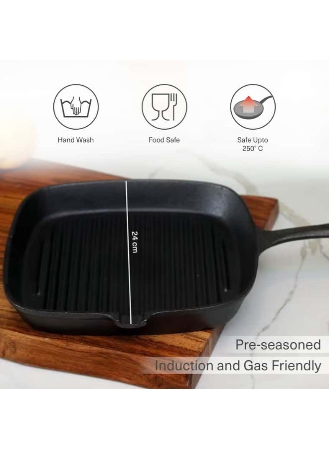 Pan Home FERRIC CAST IRON GRILL PAN BLACK 24CM Black 35 x 24.5 x 3.3cm - Image 5