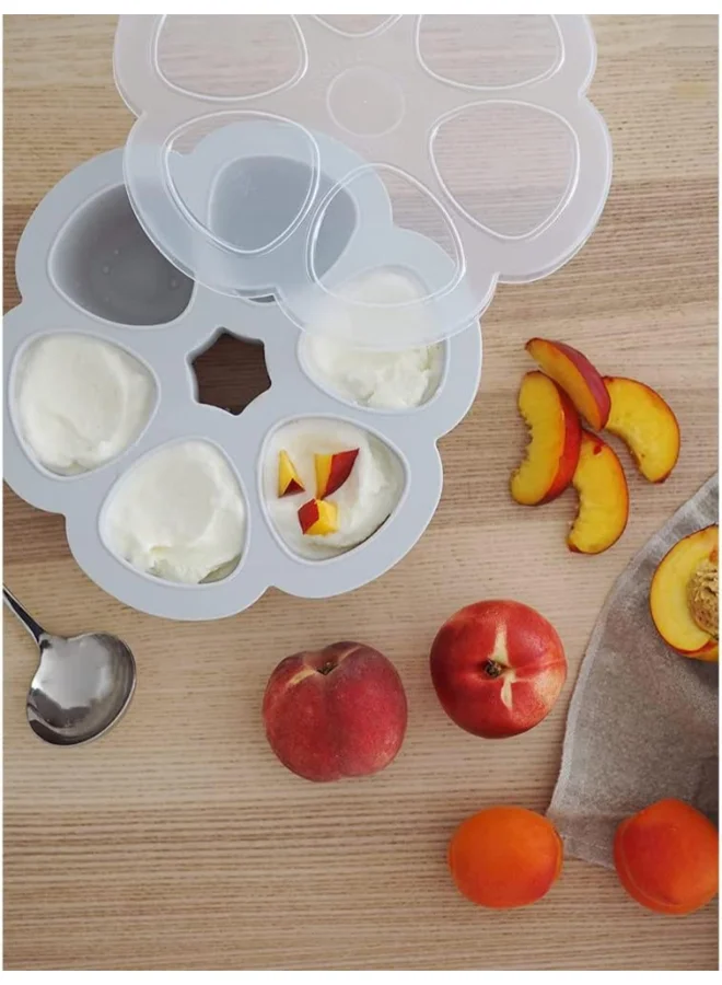 BEABA Silicone Multi - Containers, Premium Quality For Baby, Extreme Heat Resistance, Oven And Microwave, 6 Separate Sections, Airtight Lid, Made In Italy - 6X150 Ml - Grey