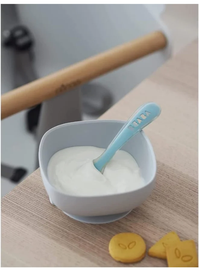 BEABA Pack of 2 - Baby Silicone Weaning Spoon 1St Stage With Carrying Case - Blue