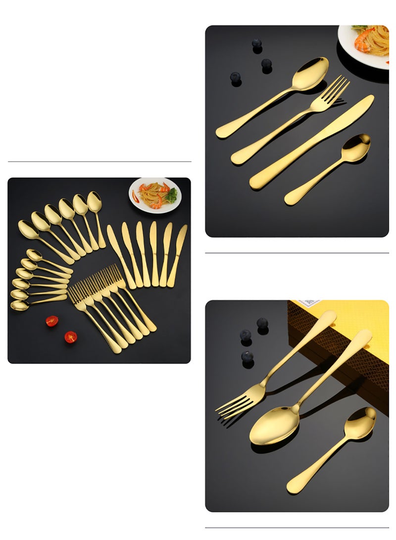 24-Piece Stainless Steel Cutlery Set Kitchen Utensils Set Surface Texture-Free Western Tableware Suitable For Home Kitchen Restaurant Hotel Party Dining Picnic Dining Exquisite Packaging Gift Golden