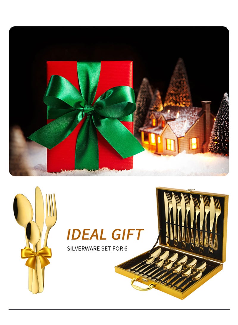 Sunhome 24-Piece Stainless Steel Cutlery Set Kitchen Utensils Set Surface Texture-Free Western Tableware Suitable For Home Kitchen Restaurant Hotel Party Dining Picnic Dining Exquisite Packaging Gift Golden - Image 3