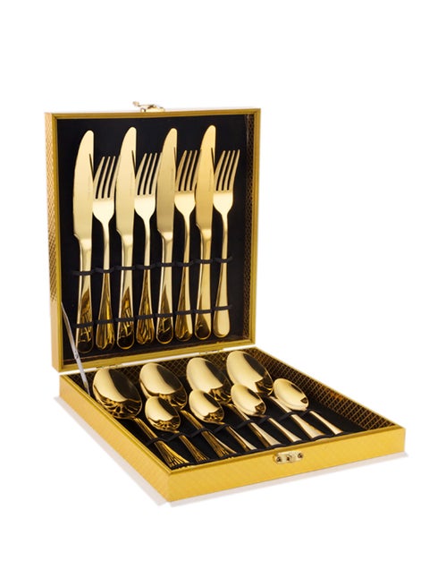 16-Piece Stainless Steel Cutlery Set Kitchen Utensil Set Western Tableware Surface Texture-Free Suitable For Home Kitchen Restaurant Hotel Party Dining Picnic Dining Exquisite Packaging For Gift Gold 23cm