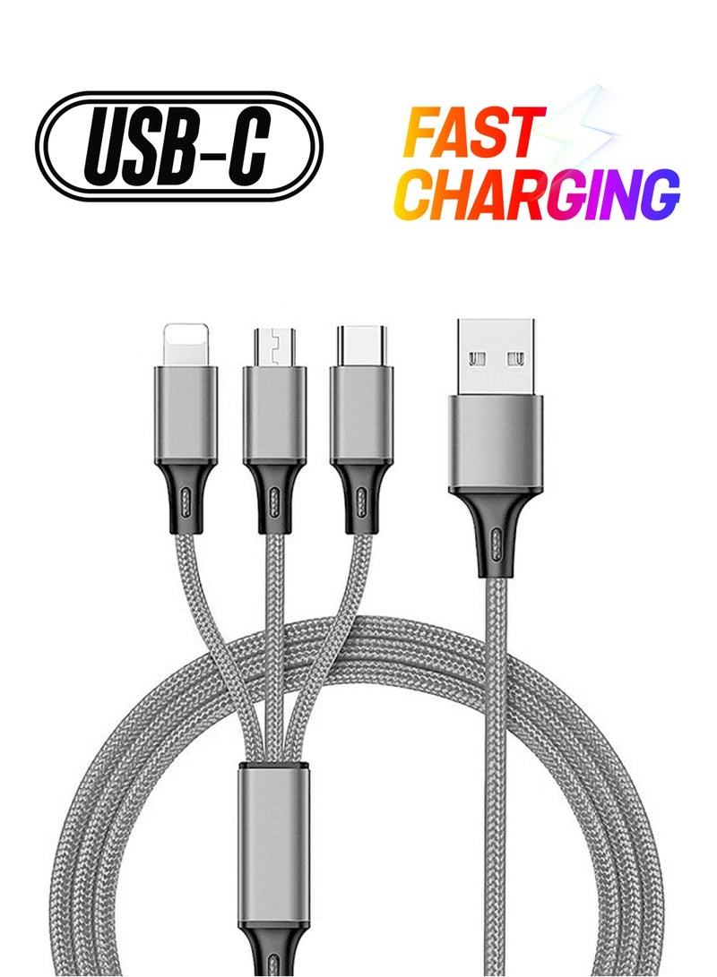 3-in-1 Multifunction Fast Charging Android Type-C  Data Cable Grey - Image 1