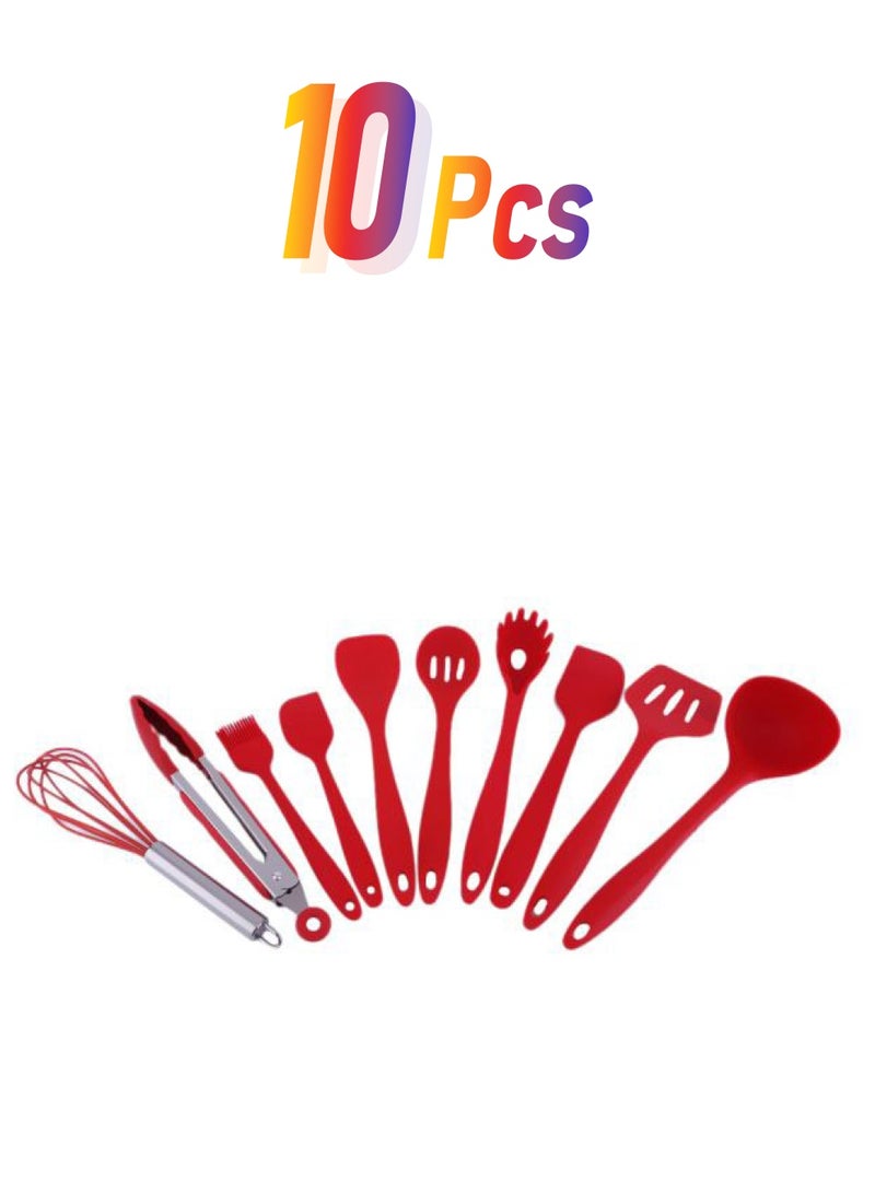 10-Piece Silicone Cooking Utensil Set Red Whisk 240, Tong 275, Brush 205, Spatula 210, Turner 270, Cooking Spoon 270, Large Spatula 280, Medium Cooking Spoon 290, Large Turner 290, Large Cooking Spoon 305mm - Image 1