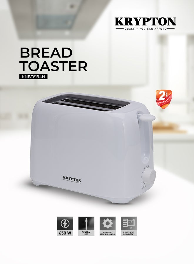 KRYPTON 2-Slice Pop-Up Bread Toaster with 6 Browning Settings, Removable Crumb Tray, Wide Slots, Anti-Skid Base & Cancel Button 650 W KNBT6194N White - Image 1