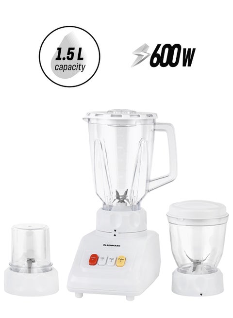 Multi Functional 3 In 1 Blender, With 1.5 Litre Jar Capacity, Stainless Steel Blade & Housing, Overheat Protection, Multi Functional Design For Blending, Grinding & Mincing, 2 Speed Function 1.5 L 600 W OMSB2054 White