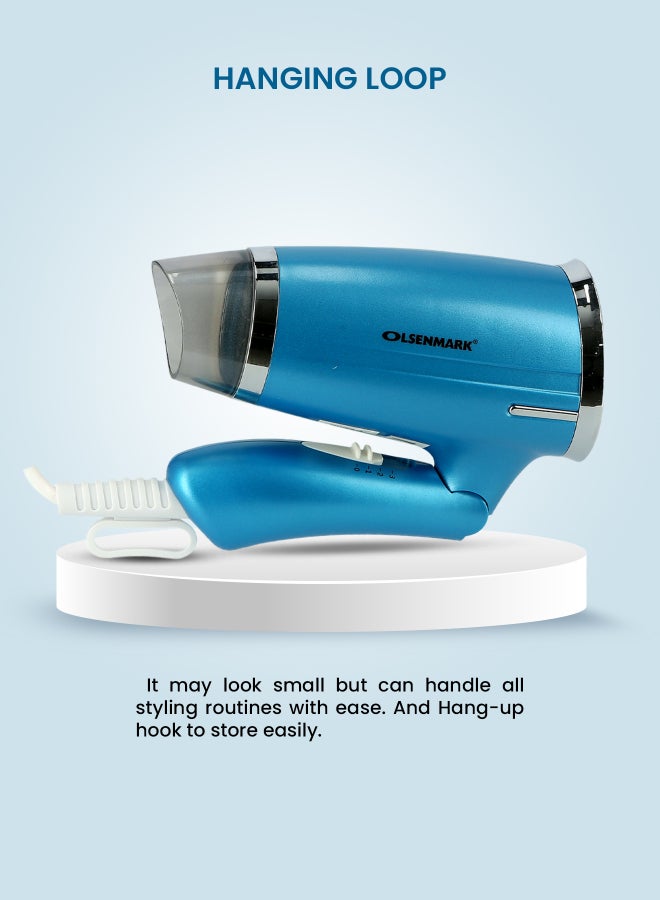 Olsenmark Mini Powerful Hair Dryer Olsenmark Omh4008, Hair Styler Power 1400W, Hair Heater 3 Speed, 3 Temperature Settings,Portable,Foldable Handle And Safety Cut Off Blue/Silver/Black  - Image 4