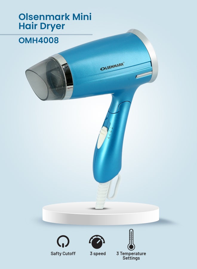 Olsenmark Mini Powerful Hair Dryer Olsenmark Omh4008, Hair Styler Power 1400W, Hair Heater 3 Speed, 3 Temperature Settings,Portable,Foldable Handle And Safety Cut Off Blue/Silver/Black  - Image 2