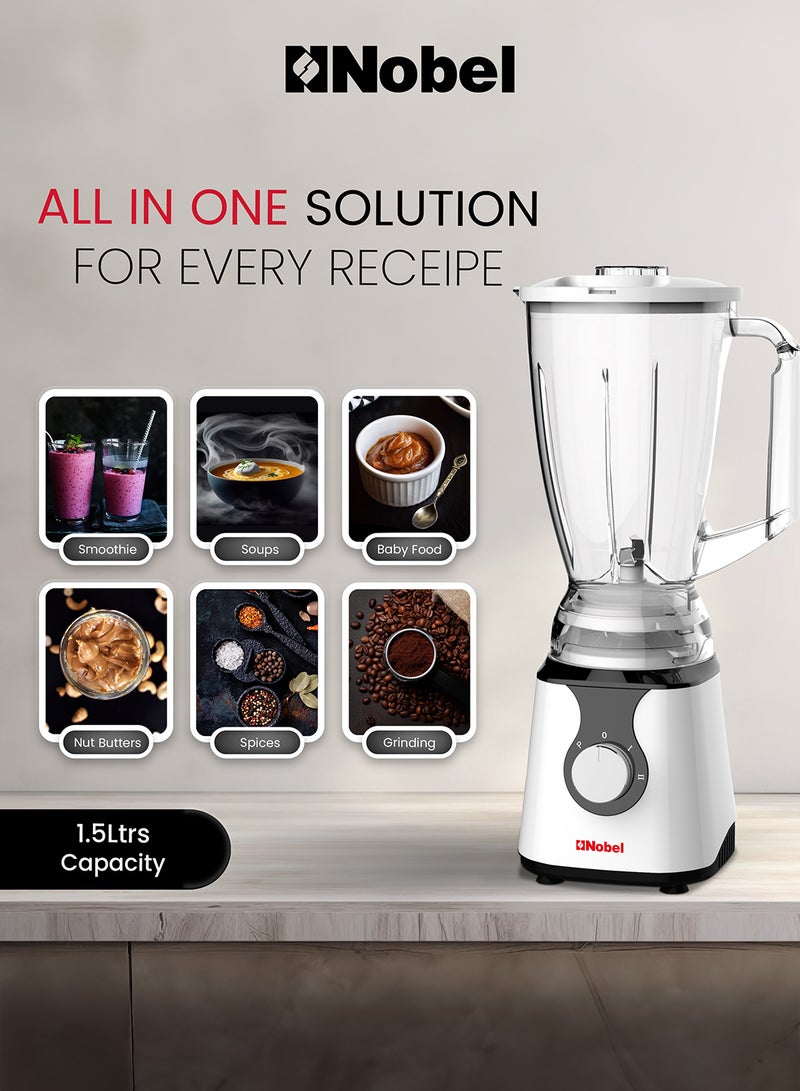 Nobel - 3 in 1 Blender Table Top 1.5 Litres Jar 300W 2 Speed with Pulse Knob, Chopper & Grinder Jar 1.5 L 300 W NB303E Silver & Black - Image 1